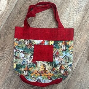 Homemade Colorful Bird Print Tote Bag with Red Accents